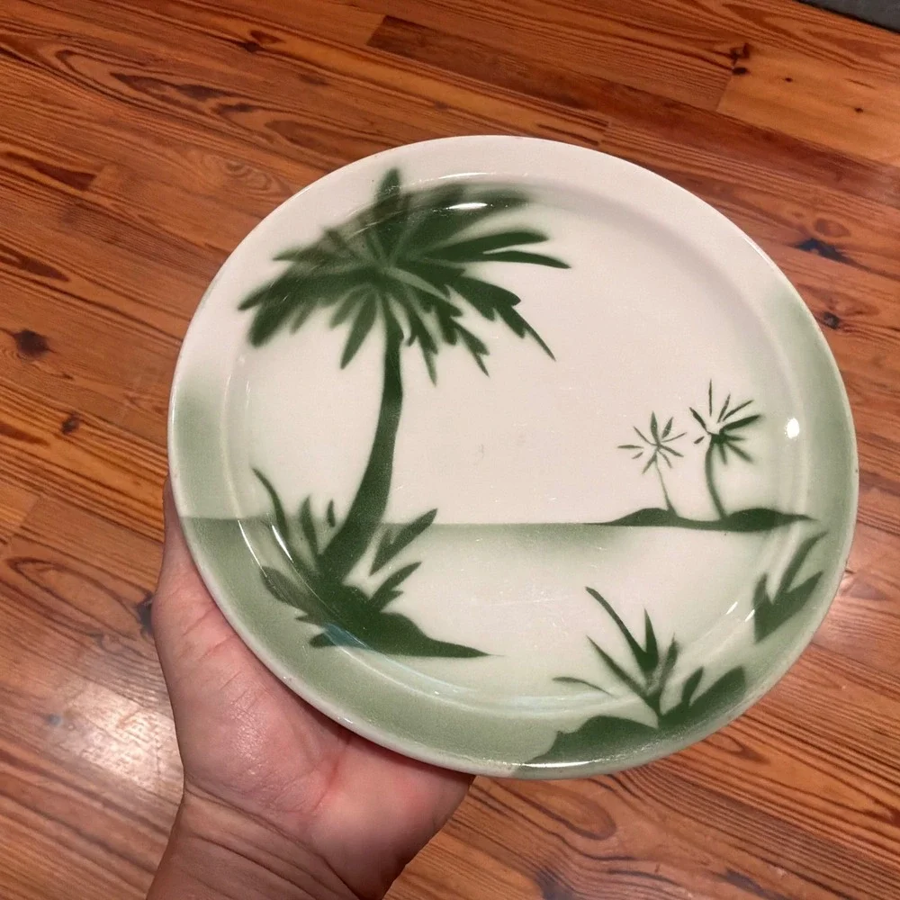 Vintage Jackson Vitrified China Palm Tree Bread Plate Green Airbrushed 7.25